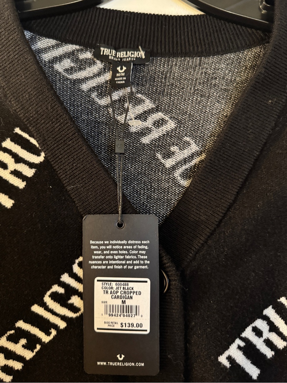 True Religion Jet Black Cropped Cardigan with White Logo - Picture 4 of 6